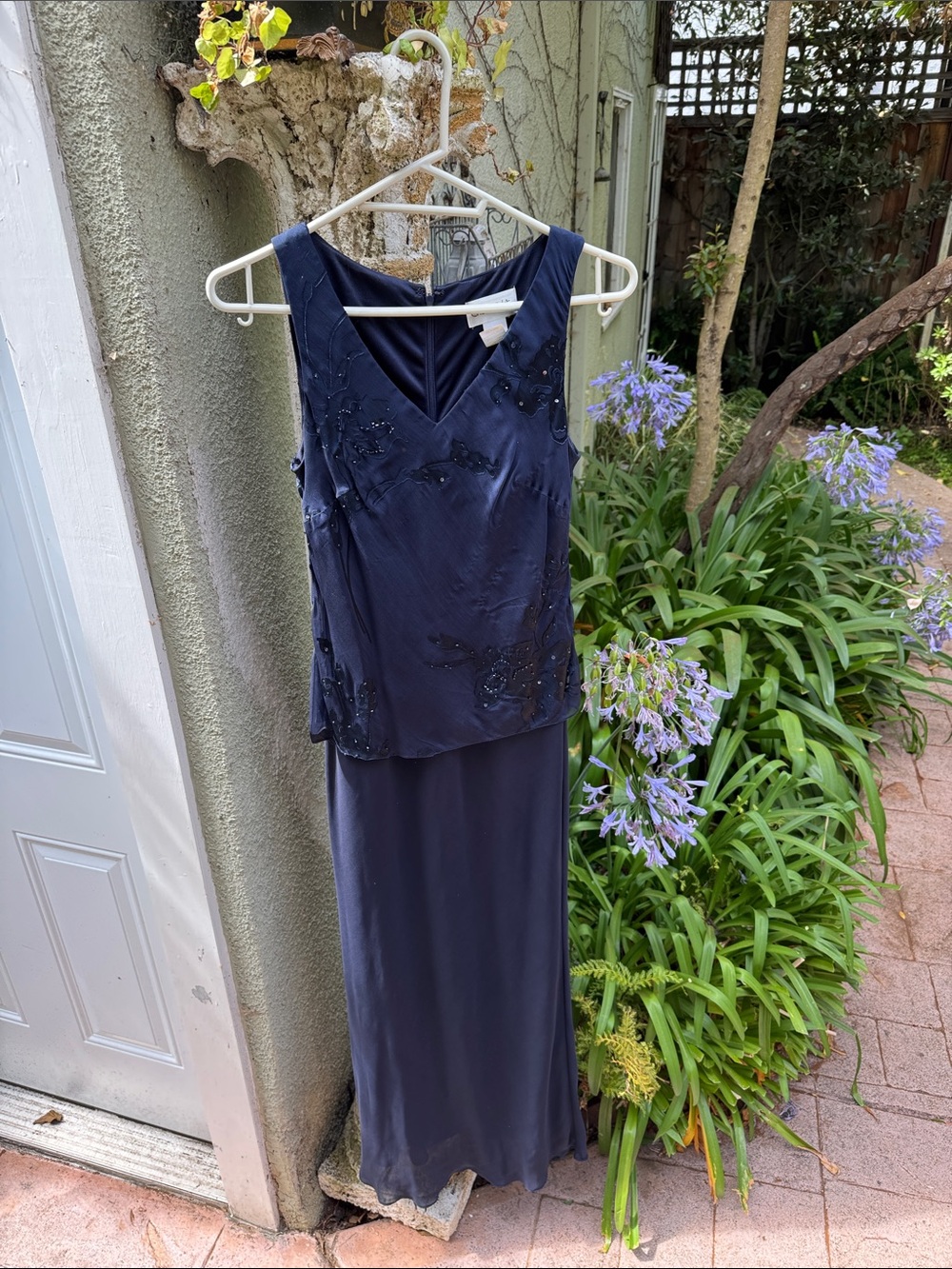 Chadwicks Navy Beaded Evening Dress. With separate matching scarf.